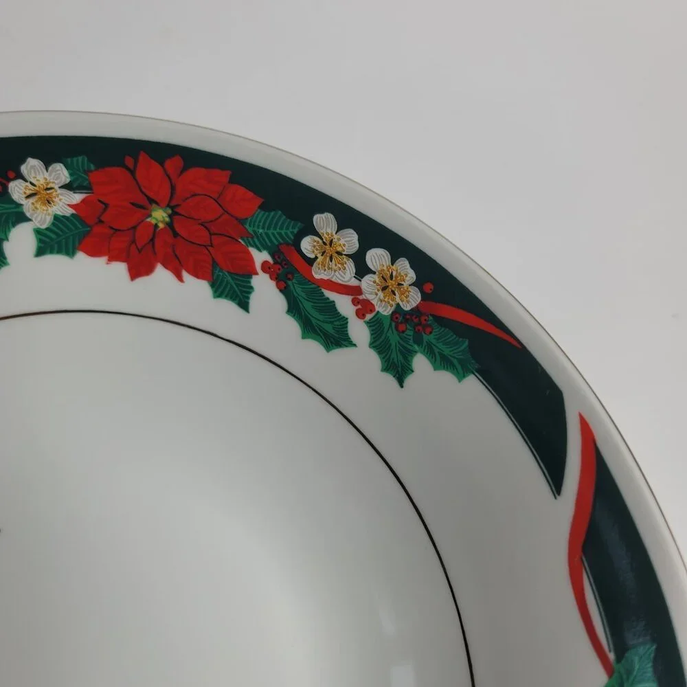 Tienshan Deck the Halls Serving Bowl Poinsettias & Ribbons Christmas China